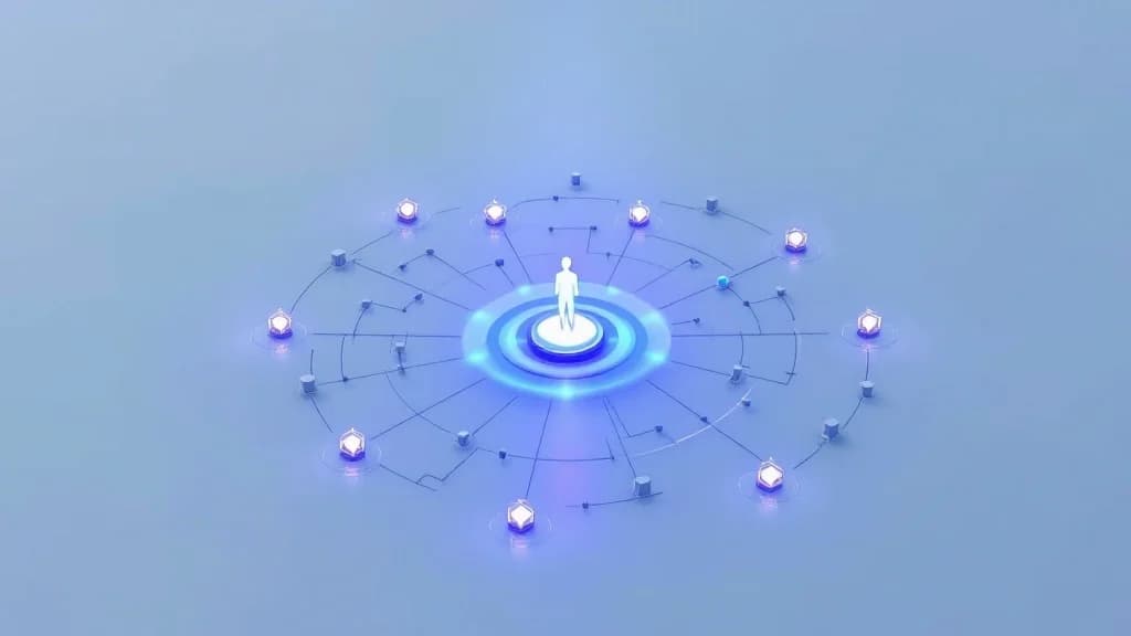 Une silhouette humaine orchestrant une constellation d'agents lumineux qui travaillent en parallèle autour d'elle, illustrant l'IA agentique pilotée par un Product Builder